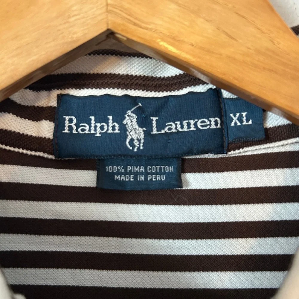 Ralph Lauren Polo Shirt Mens XL Brown White‎ Striped Pima Cotton Short Sleeve